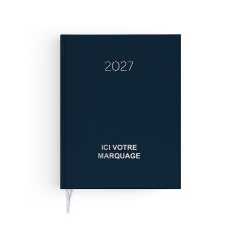 Agenda semainier fermé avec couverture bleue effet naturel et signet textile blanc