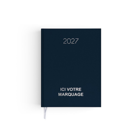 Agenda format voyage fermé avec couverture bleue effet naturel et signet textile blanc