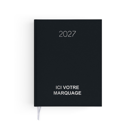 Agenda semainier fermé avec couverture noire effet naturel et signet textile blanc.