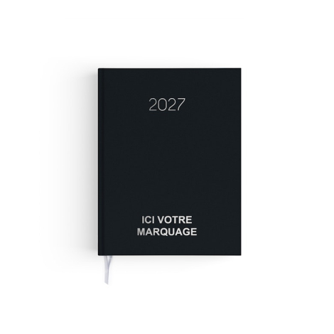 Agenda format voyage fermé avec couverture noire effet naturel et signet textile blanc