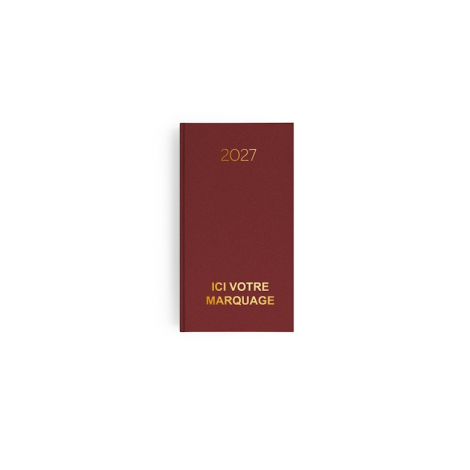 Agenda mini fermé avec couverture rouge effet naturel et marquage personnalisé visible.
