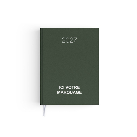 Agenda format voyage fermé avec couverture kaki effet naturel et signet textile blanc