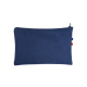 Trousse coton publicitaire personnalisable Maxine bleue avec fermeture zippée noire et étiquette tricolore cousue