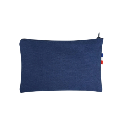 Trousse coton publicitaire personnalisable Maxine bleue avec fermeture zippée noire et étiquette tricolore cousue