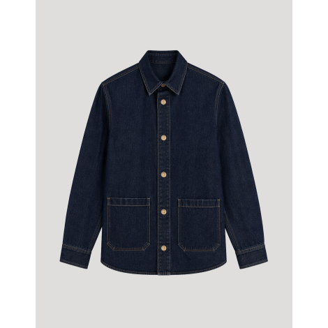 Surchemise unisexe publicitaire en denim Made in France présentée seule de face avec fermeture boutonnée et zone de broderie sur