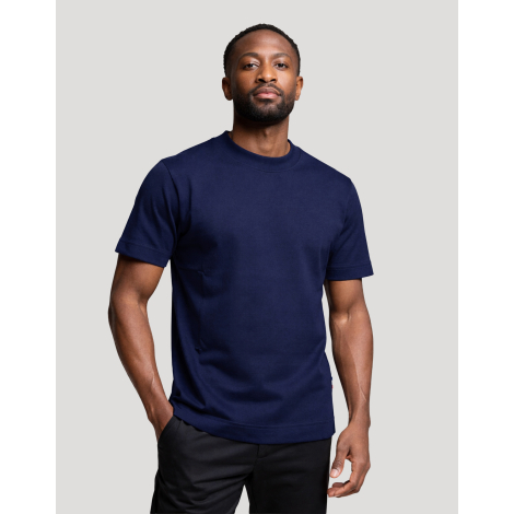 T-shirt homme publicitaire Aurele bleu marine en coton bio fabriqué en France, vue de face