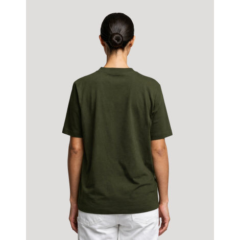T-shirt femme Hersch kaki présenté de dos avec manches courtes et pantalon blanc, sans marquage visible