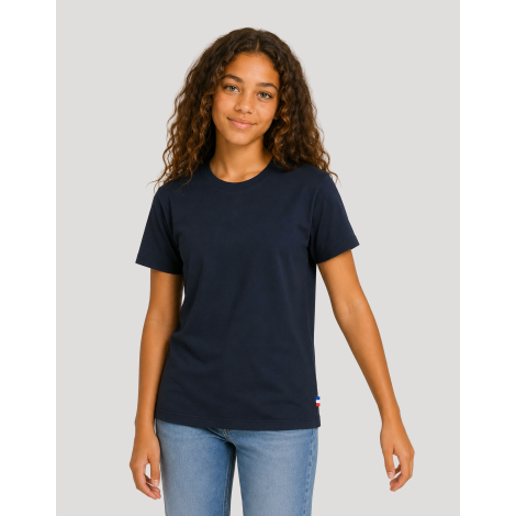 T-shirt enfant coton bio bleu marine présenté de face avec manches courtes et col rond, aucune personnalisation visible