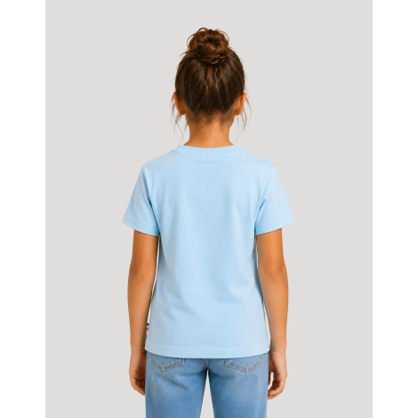 T-shirt enfant coton bio bleu clair présenté de dos avec jean bleu, zone de marquage identifiable au dos