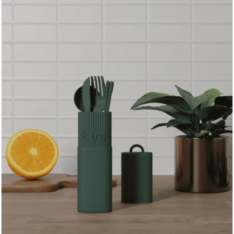 Coffret bleu ouvert comprenant un récipient rond vert avec couvercle transparent et trois attaches bleues, accompagné d’un étui 