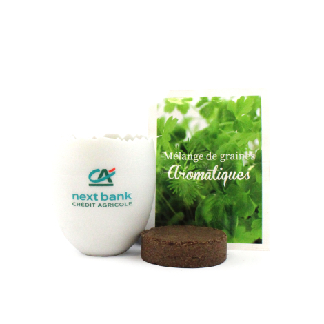 Kit de plantation avec petit pot blanc personnalisé, pastille de terre compressée et sachet de mélange de graines aromatiques, p