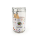 Bocal en verre transparent avec fermeture mécanique et personnalisation imprimée, contenant un sachet de graines. Bocal en verre transparent avec fermeture mécanique et personnalisation imprimée, contenant un sachet de graines.
