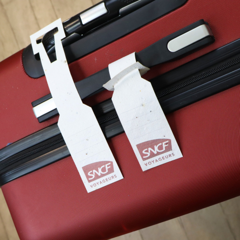Deux étiquettes à bagage en papier ensemencé personnalisées, attachées aux poignées d’une valise rouge.
