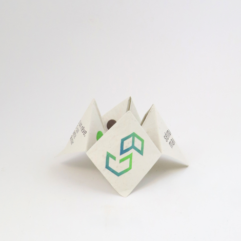 Cocotte en papier ensemencé personnalisée avec logo imprimé en couleur, sur fond blanc.