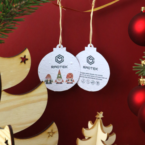 Décorations de Noël en papier ensemencé personnalisées en forme de boule, suspendues sur un décor rouge festif.